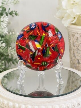 Vibrant Red Millefiori Glass Paperweight